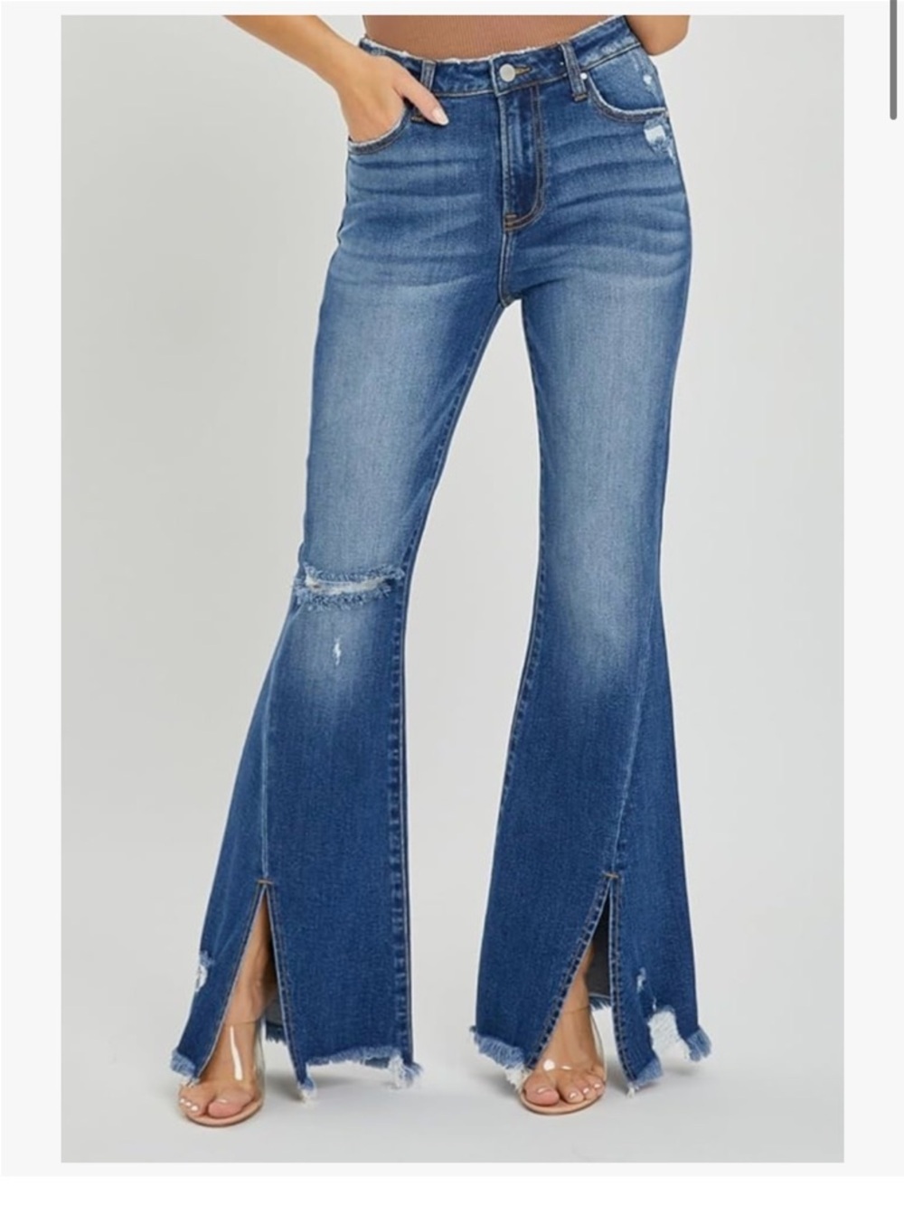 Risen Jeans Blue Flare Leg Jeans 70s Distressed Long Inseam Festival Size 0/24